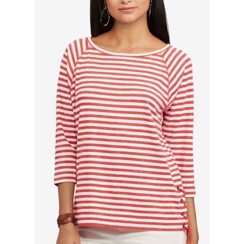 Chaps Palm Point Striped Lace-Up Pullover Red Boatneck Small